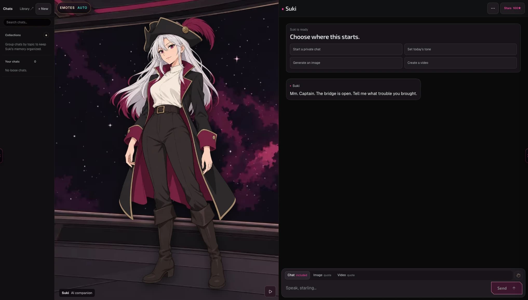 Suki private chat showing the cabin character, saved conversations, and chat composer.