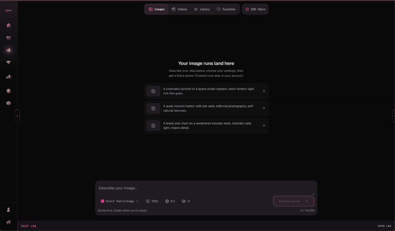 Sukimy image builder with prompt suggestions, image settings, and a Stars quote button.